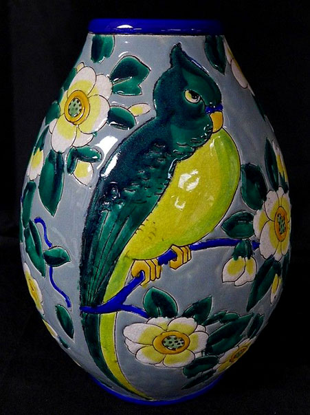Charles Catteau Deco vase with parrot and flora