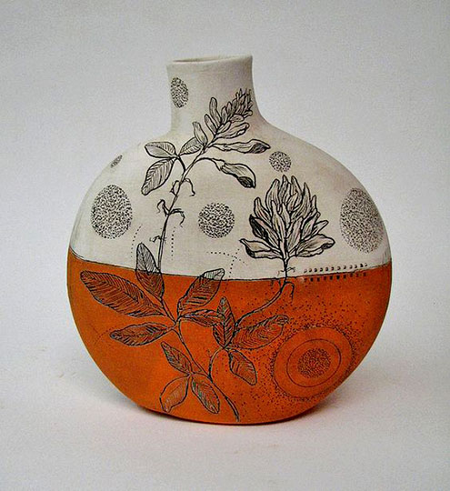 Diana Fayt orange canteen vase with botanical decorations
