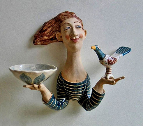 Ceramic wall art -- 'Girl & Bird',-Helen Kemp