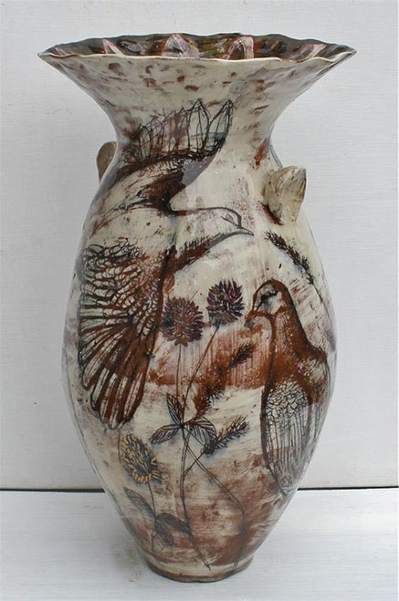 Jacqueline Leighton Boyce bird and botanical decorated vase