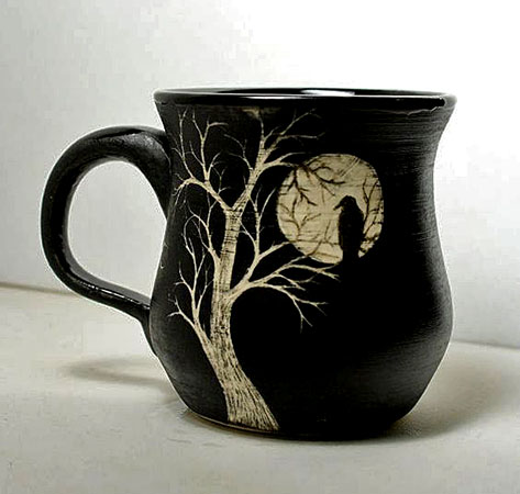 Large Porcelain Sgraffito Moon Raven Tree Mug by TheMuddyRaven,