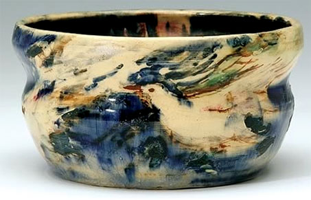 Merric Boyd bowl, blue and cream glaze, interior painted with bird's nest, exterior with birds in flight, painted by Arthur Boyd,
