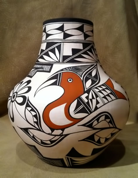 Michelle Shields is the artist of this Acoma pot decorated with birds and flowers-MudheadGallery