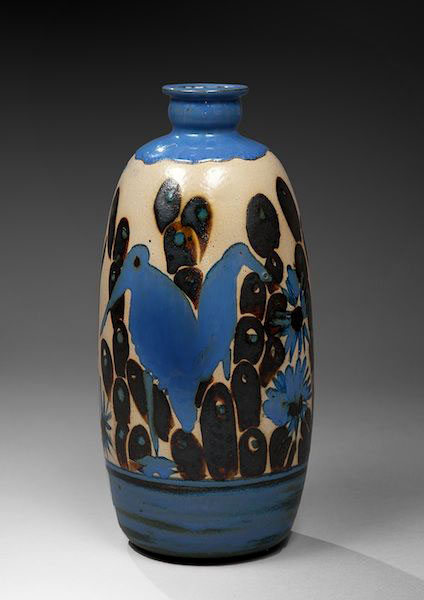 Primavera and-Saint Radegonde, Gustave Asch.---Blue Ceramic Vase with Birds and Vegetation Decoration. France,-Circa-1930.-Height-30-Cm