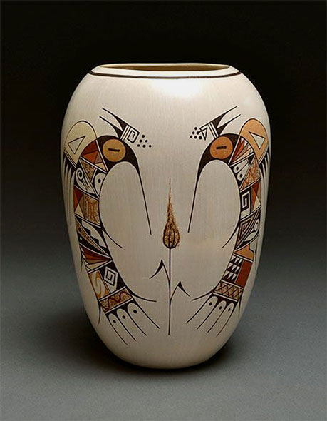 Rainy Naha (Hopi, born 1949) ~ Whiteware pottery vase with symmetrical hummingbirds design