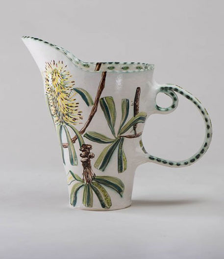 Fiona Hiscock banksia double handle pitcher-with honeyeater inside-2017-stoneware--Banksia-and-Honeyeater-Double-Handle-Pitcher--2