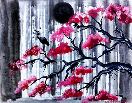 Chris Ouk-painting of pink blossom and heron