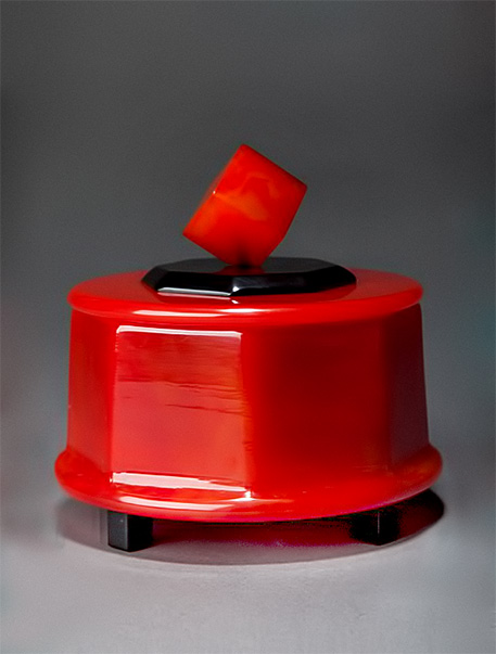 Great Catalin Box with Cube Finial in Watermelon Red + Black---Decophobia
