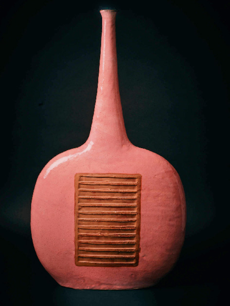 Large 1970's Pink Enamelled Ceramic Vase Signed by Bruno Gambone 