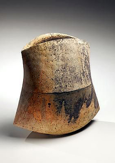 Multi-fired stoneware vessel with cinched waist, horizontal score at center and surface colorations, 2012 Unglazed multi-fired stoneware 14 inche height