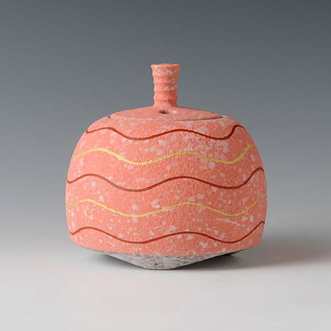 SUIDEI-KINOSAI-HAMON-KORO-(Incense-Burner-with-Sprayed-Slip-&-Pink-decoration) by SHIMIZU, Ichiji