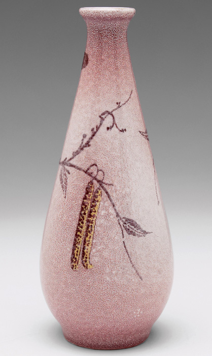 Schoonhovan vase, Dutch, bulbous shape with painted organic designs on a mottled pink and ivory ground,