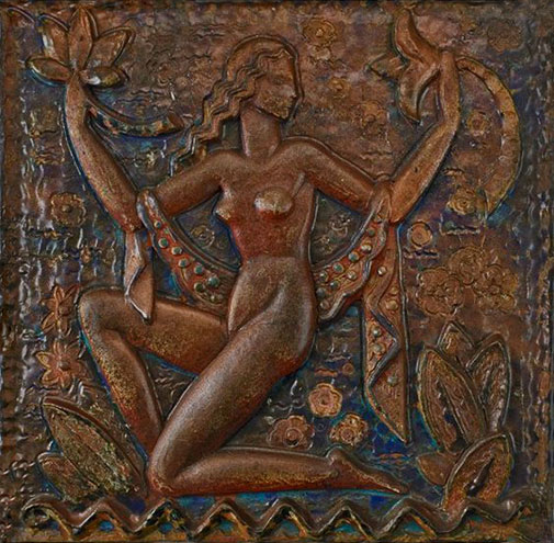 Waylande Gregory-(1905---1971),-Large glazed ceramic plaque-with nude,-USA