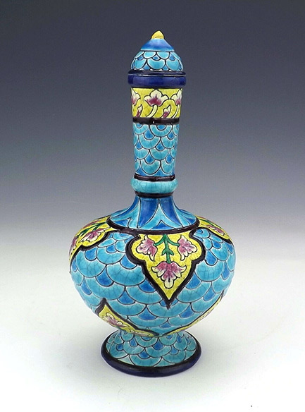 Antique Longwy French Pottery Islamic Inspired Enamelled Bottle Vase