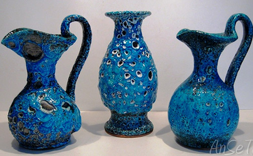Cyclope Pottery Annecy Emaux des GlaciersThree items from the Cyclope Pottery in Annecy, France. All are glazed with the typical blue Emaux des Glaciers, for which this pottery was renow