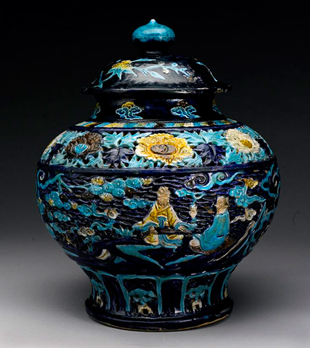 Ming dynasty-lidded vessel with azure designs in relief