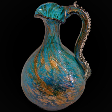 Old Venetian Murano glass pitcher from the 1940s, magnificent aqua colored glass extensively decorated with Aventurina metallic copper flakes in the glass