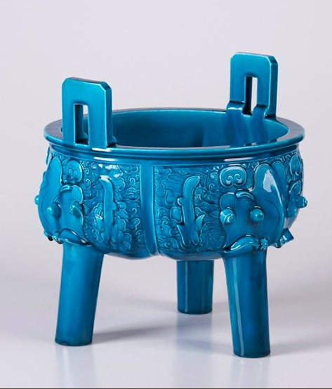 Théodore DECK (1823-1891) earthenware with translucent azure blue glaze shaped 'ting' in the style of Chinese archaic bronzes.
