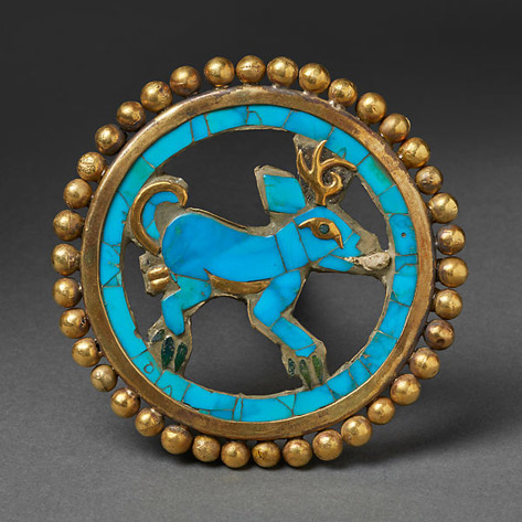 Ear Ornament with Deer in turquoise and gold-,AD-640-680--Moche
