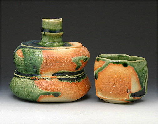 oribe-glaze vessel with lid and tea bowl -- Takahiro Ishii