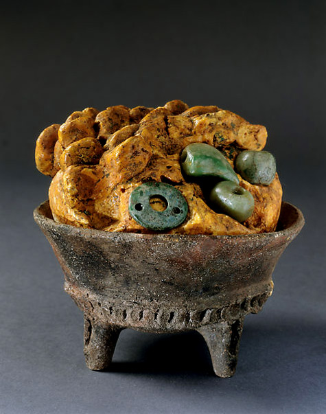Ceramic Tripod Bowl Containing Copal and Jadeite Beads
