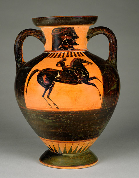 Greek pottery black figure man riding a horse