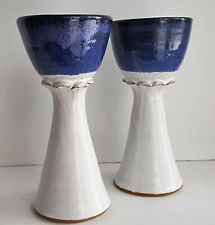 Vintage Hand Thrown Blue Gray Stoneware Water Wine Goblet Studio Art Pottery 