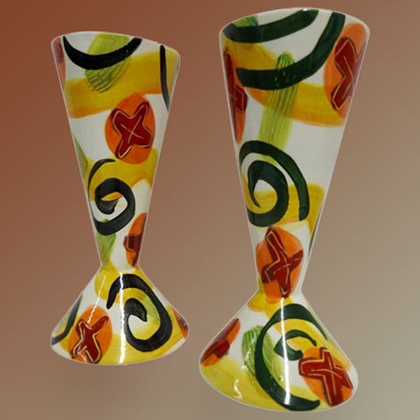 Glazed Pottery Goblets by Marilee HallBold-shades-of-red,-orange,-yellow-and-green-on-white
