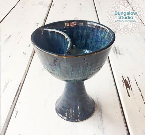 Large divided chalice, used for intinction with wine & grape juice. Beautiful layered blue & green glaze with a sturdy design