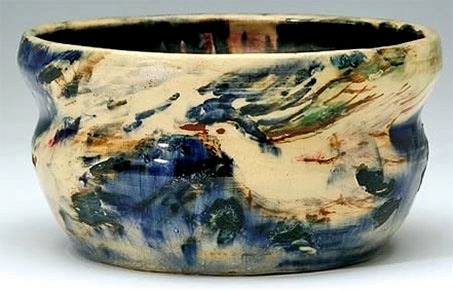 Merric Boyd bowl,-blue-and-cream-glaze,-interior-painted-with-bird's-nest,-exterior-with-birds-in-flight,-painted-by-Arthur-Boyd,