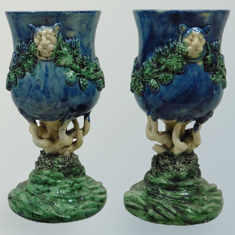 Pair of Majolica Palissy Chalices with Grapes