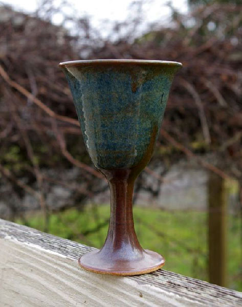 Spun Pottery Art Drinking Glass Wine Goblet Handmade Blue Brown
