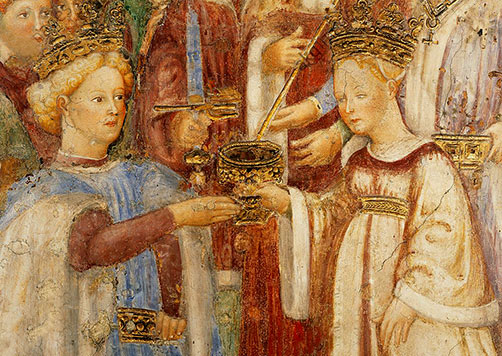 Theodelinda passes the goblet to her future husband AuthariFresco, 1444, by the brothers Ambrogio