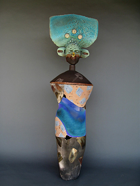 Bird Woman---Patrick Crabb raku ceramic figure vessel