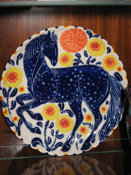 Alazan-Ceramics plate with blue horse and botanical design