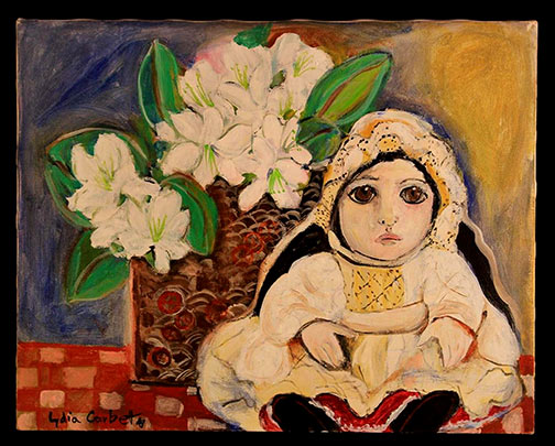 Lydia Corbett Unframed Oil on Canvas A doll and lilies, signed Lydia Corbett