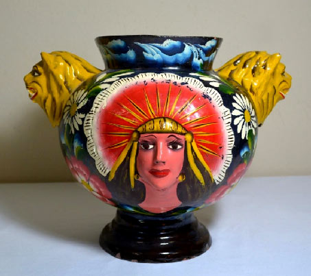 Vintage Mexican Folk Art Slackware Glazed Vase Urn Sun Goddesses  Lion Handles
