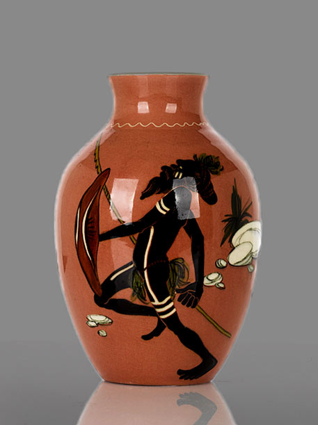 Martin-Boyd,-vase,-decorated-with-an-Aboriginal-elder-with-boomerang-incised,-Martin-Boyd-Australia