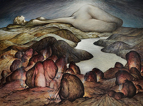 Australian mythical art--The Death of the Moon Woman---Ainslie Rroberts