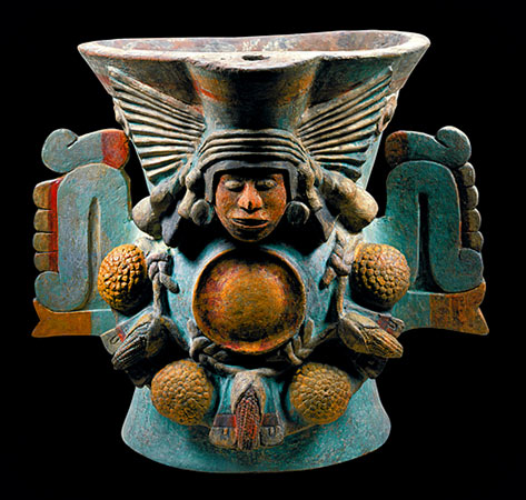 Large Aztec Winged vessel--Goddess of Maize temple vessel