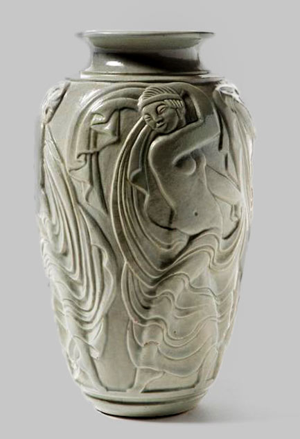'Dancers'-Ceramic ovoid vase with open-neck, enameled gray green decorated with frieze of dancers
