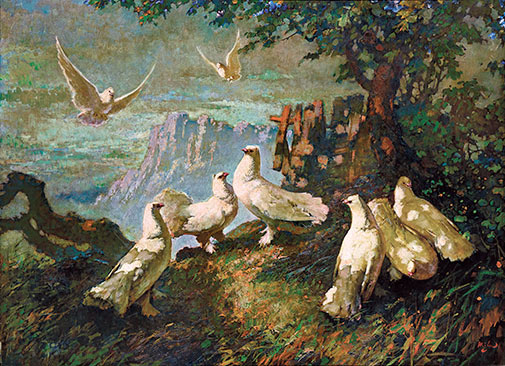 1950s Lee Man Pong -- Peace and prosperity Painting of doves