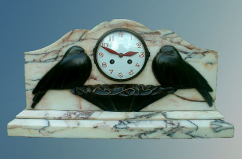 Bronze and marble twin doves mantle clock