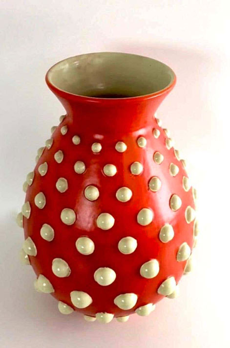 Scarlet Red Terracotta Vase with Ivory Embossed Polka Dots, Italy, 1940s