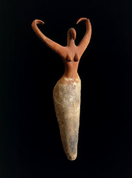 female figurine from the Predynastic Period in ancient Egypt. Painted terracotta, c.3,500 - 3,400 BCE. (Brooklyn Museum)