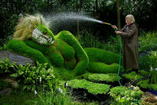 Gardener watering floral sculpture at the Chelsea flower show