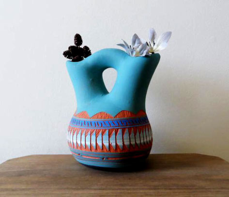 Vintage Navajo Vase, Turquoise and Terra Cotta,-Collectible-Pottery,-Valeri Etsitty-Original,-Native American-Clay-Pottery