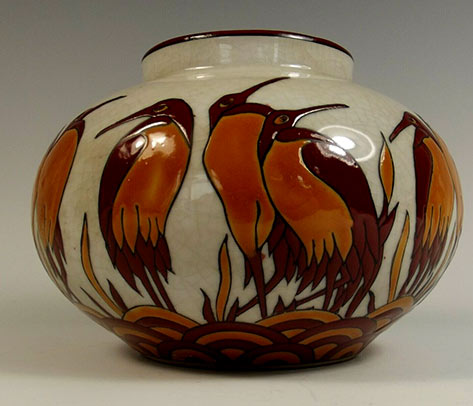 Bulbous French art deco porcelain red & orange stork vase