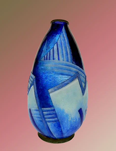 Blue Art Deco Copper Enamel Geometric Design Vase