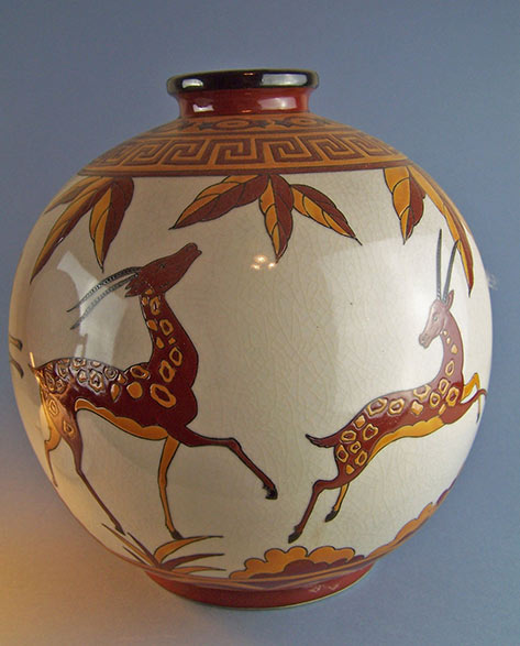 Continental Art-Deco style Animated Antelopes Vase by Keralouvre La Louviere